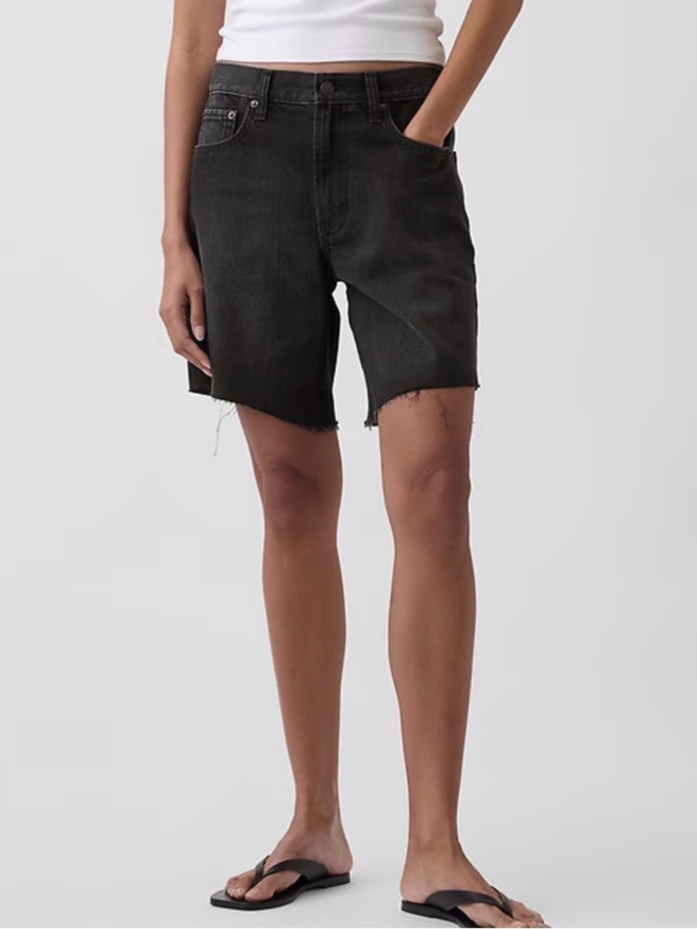 Gap- Women's Black Raw-Hem Denim loose mid rise Bermuda Shorts